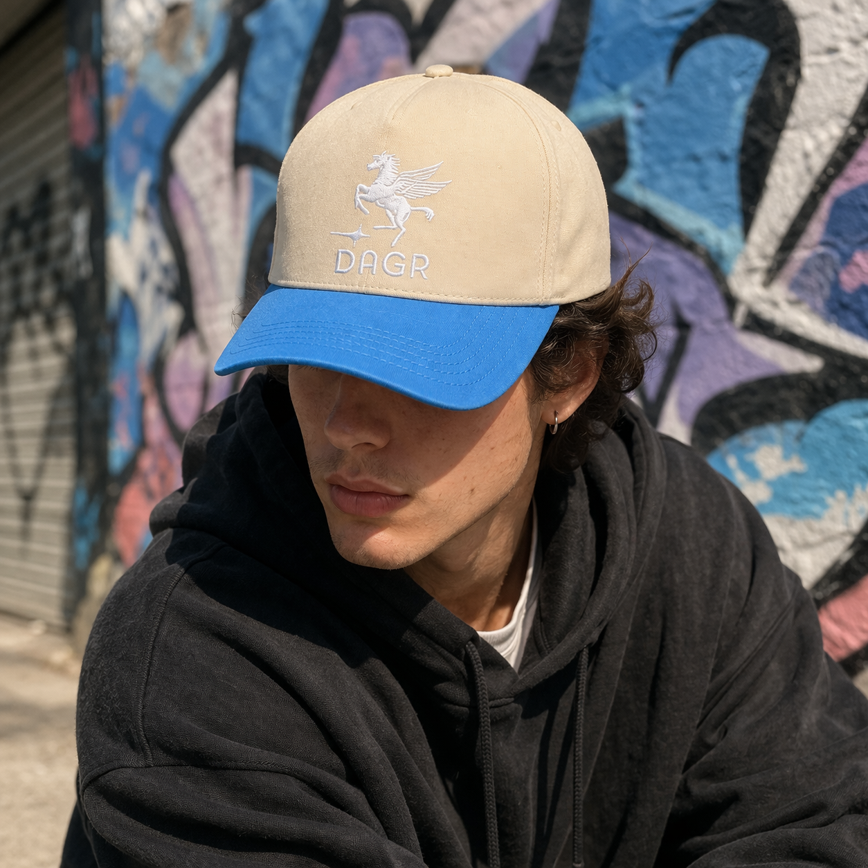 Beige and Blue Curved Brim Trucker Cap with Embroidered Pegasus Logo