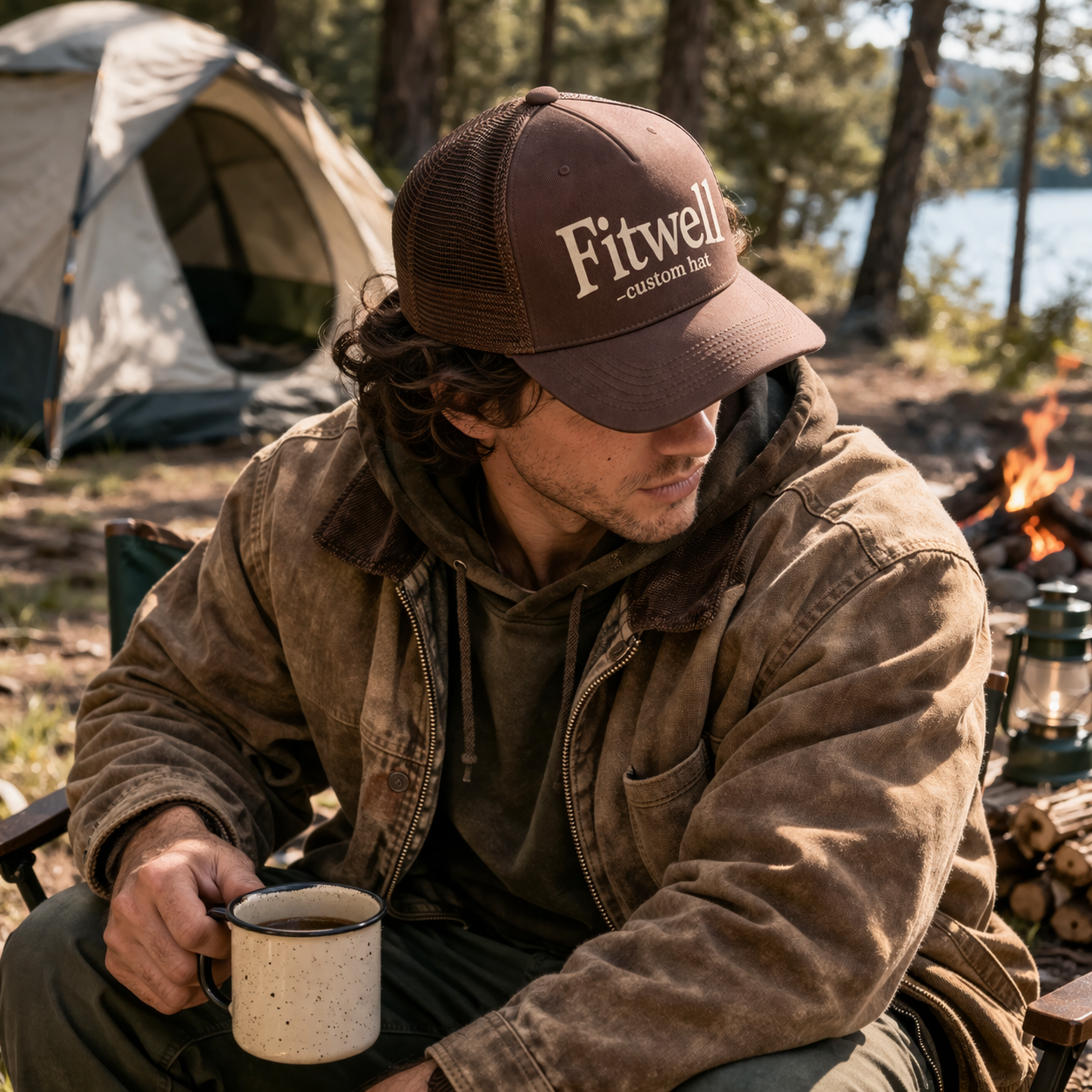 Brown Slogan Print Mesh Trucker Cap Curved Brim Snapback Hat