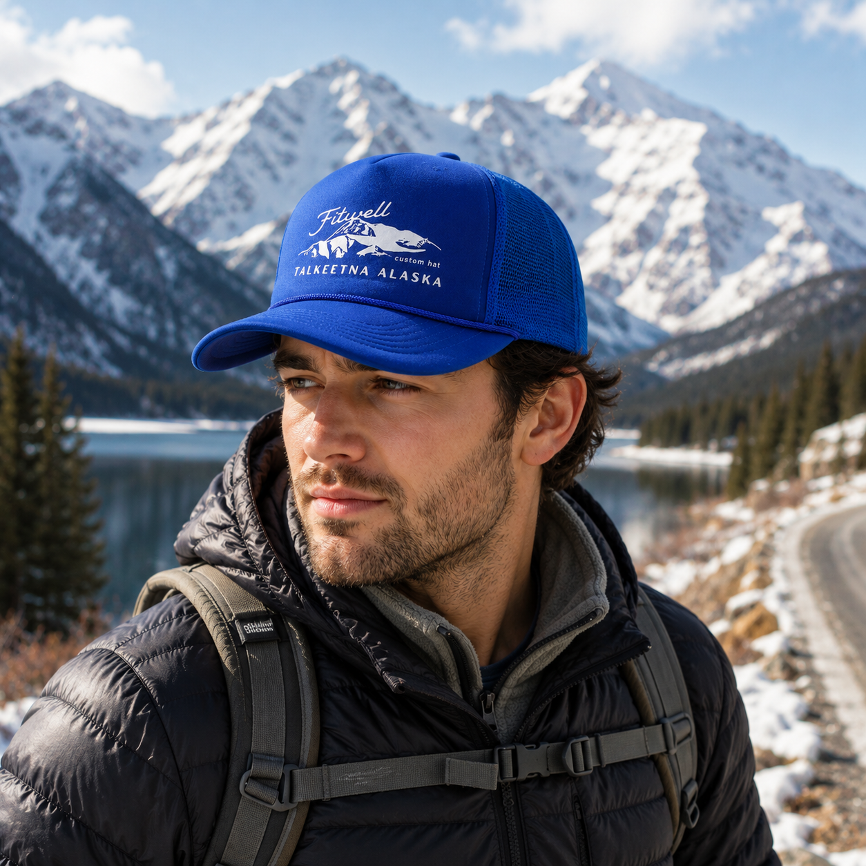 Talkeetna Alaska Blue Foam Mesh Trucker Hat with Printed Logo