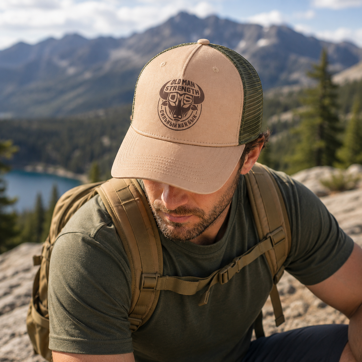 Khaki Olive Old Man Strength Bull Graphic Five-Panel Trucker Cap