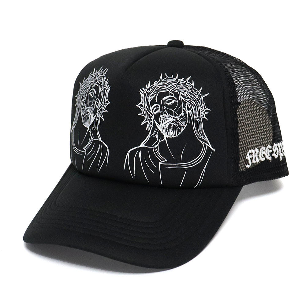 Black Foam Trucker Hat with Gothic Crown Face Print Dual Graphic Design