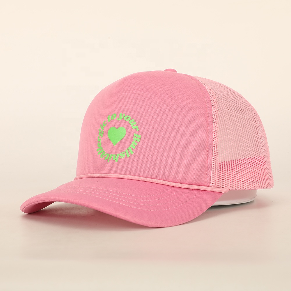 Pink 5 Panel Foam Trucker Hat with Printed Logo Mesh Back Adjustable Casual Cap