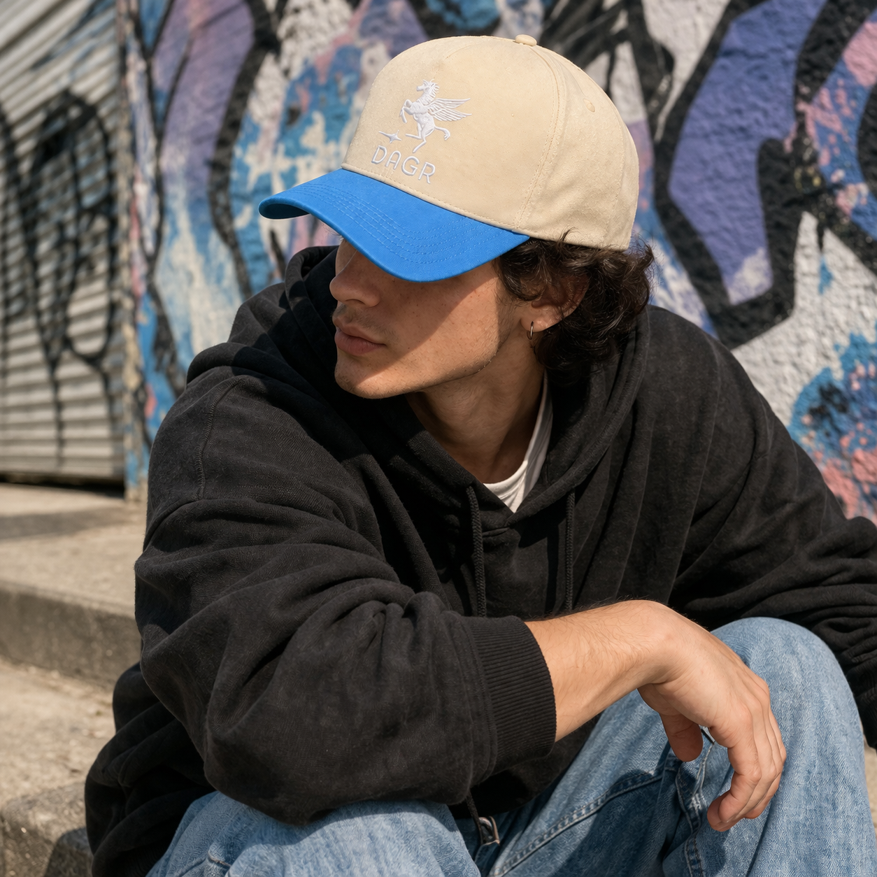 Beige and Blue Curved Brim Trucker Cap with Embroidered Pegasus Logo