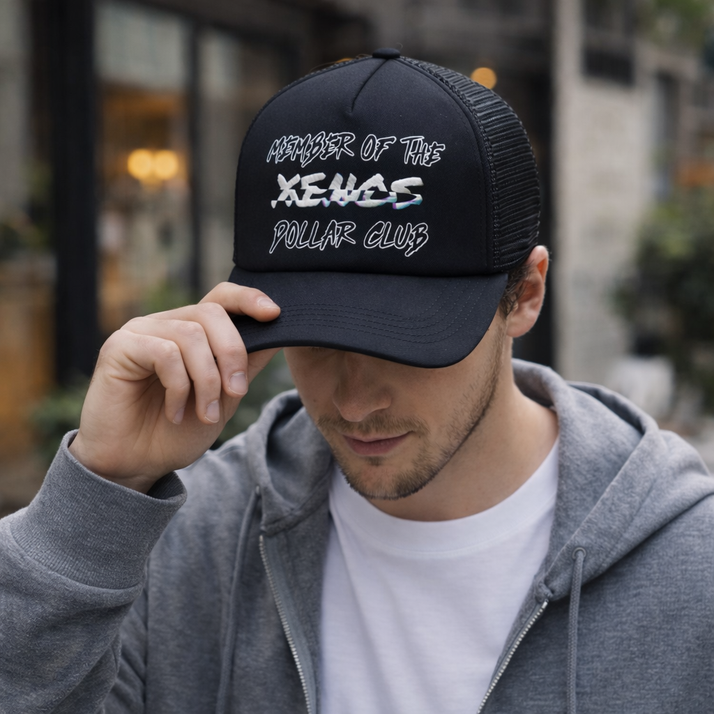 Black Member of the Xeus Dollar Club Printed Trucker Hat