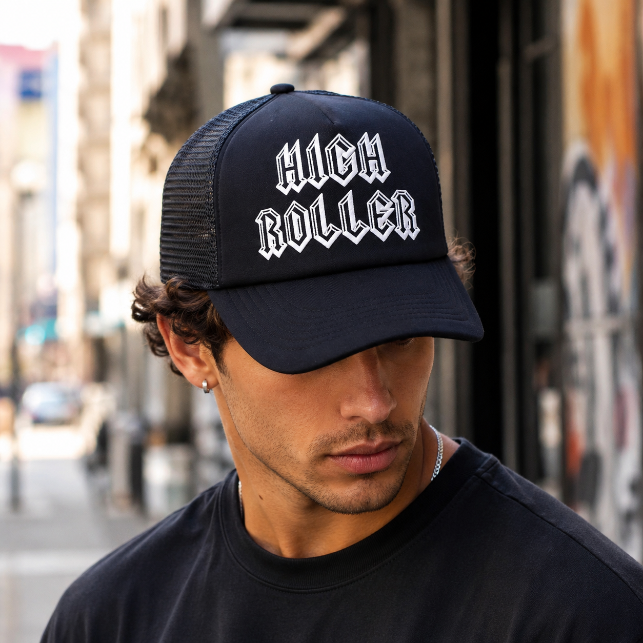Black High Roller Printed Foam Mesh Trucker Hat