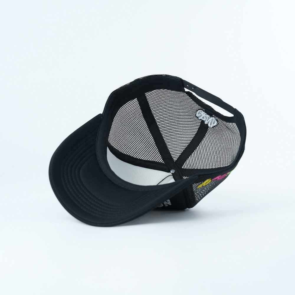 Black Graffiti Print Foam Trucker Cap with Mesh Back