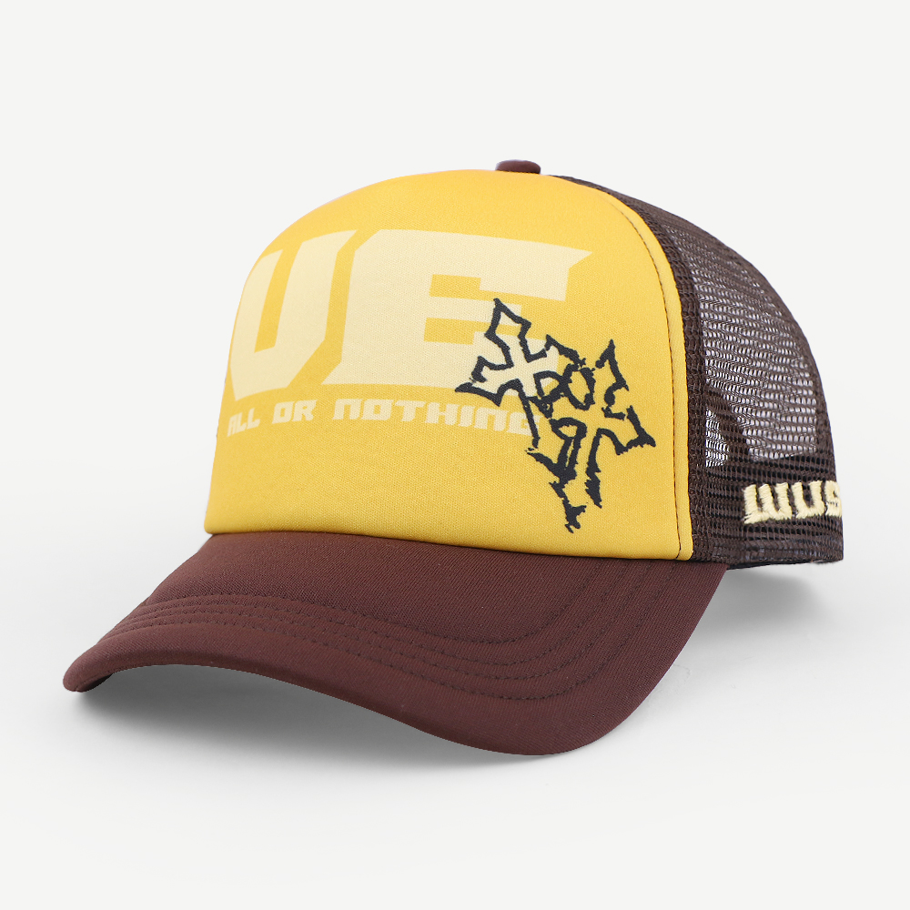 Yellow Brown All Or Nothing Foam Mesh Trucker Hat Printed Curved Brim Cap