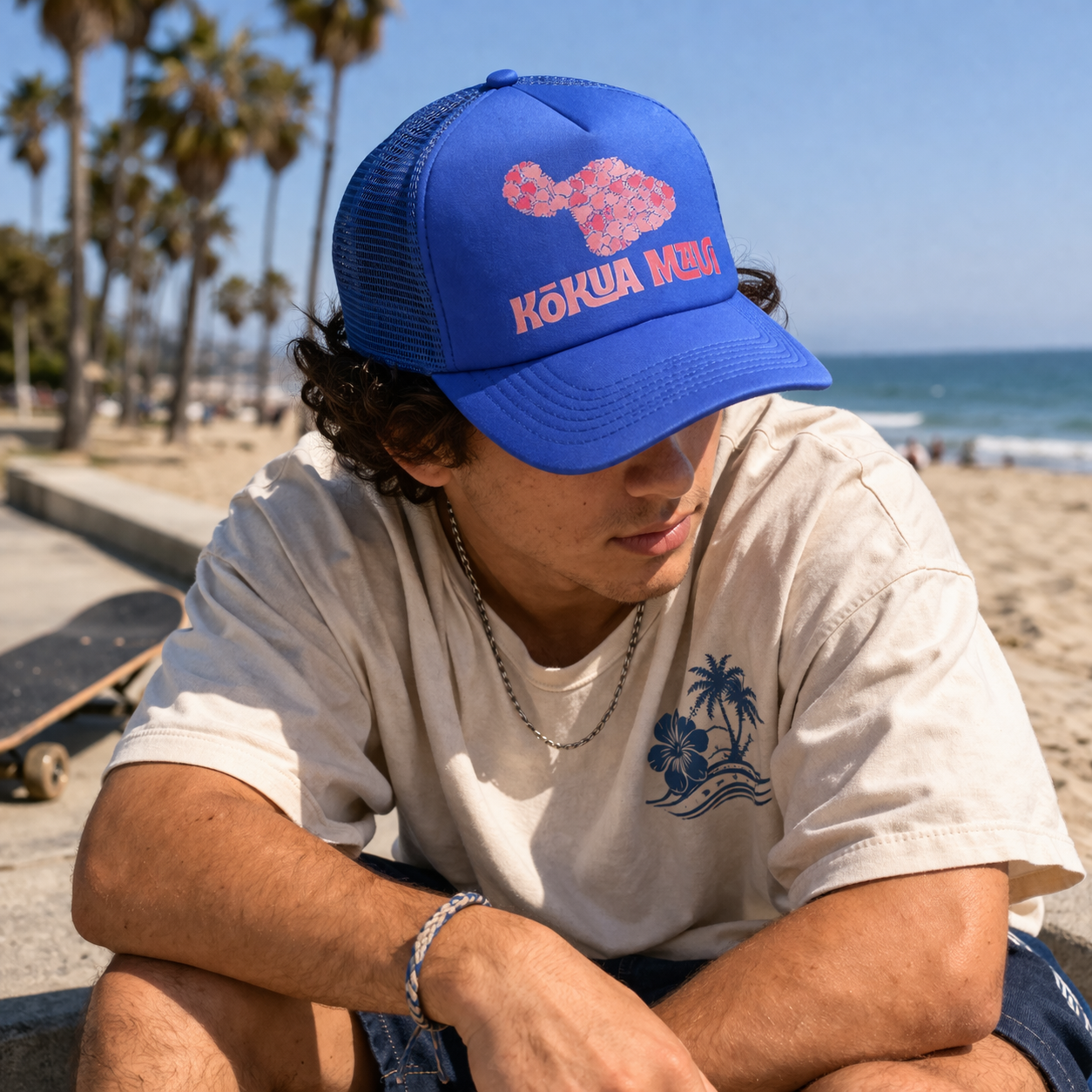 Blue Foam Trucker Cap with Pink Graphic Print Mesh Back Adjustable Hat