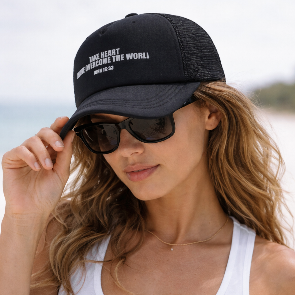 Black Inspirational Text Foam Trucker Cap with Curved Brim