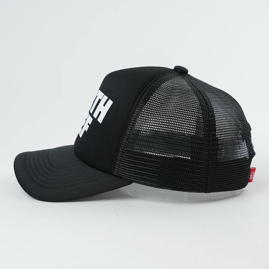 Black Foam Front Mesh Back Trucker Cap with Bold Printed Letter Design