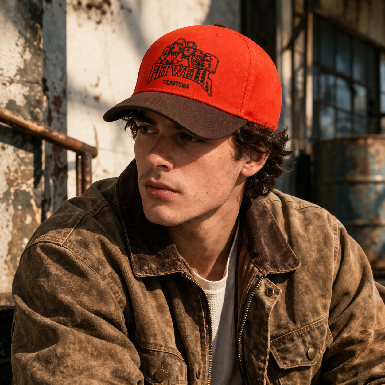 Orange and Brown Curved Brim Trucker Cap with Embroidered Graphic Logo