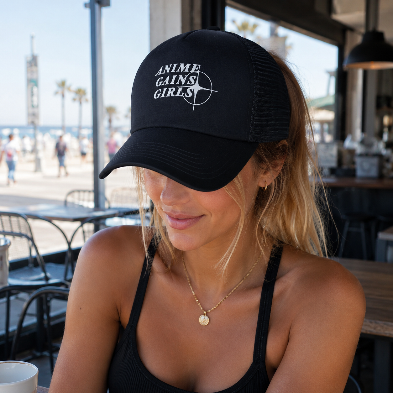 Black Anime Text Printed Foam Mesh Trucker Hat