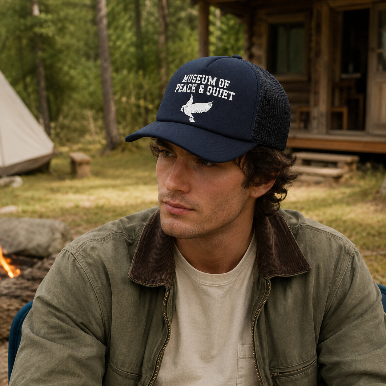 Navy Green Foam Mesh Trucker Cap with White Dove Print