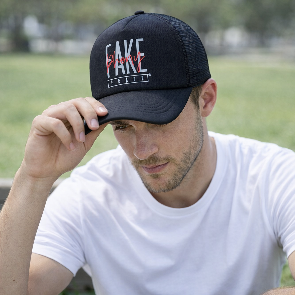 Printed Foam Mesh Trucker Cap in Black and White