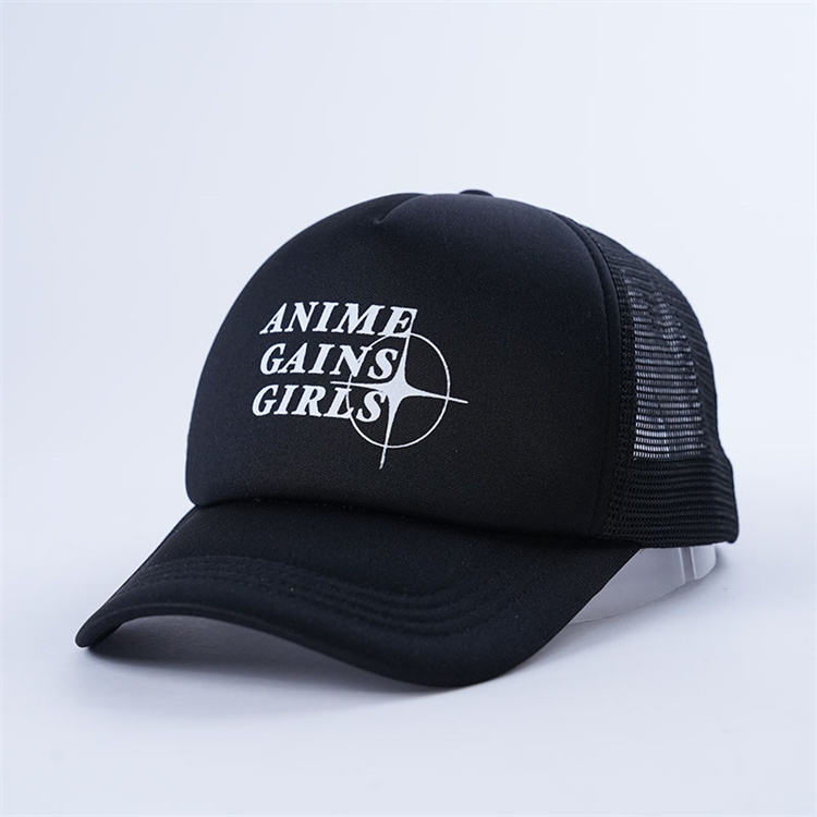 Black Anime Text Printed Foam Mesh Trucker Hat