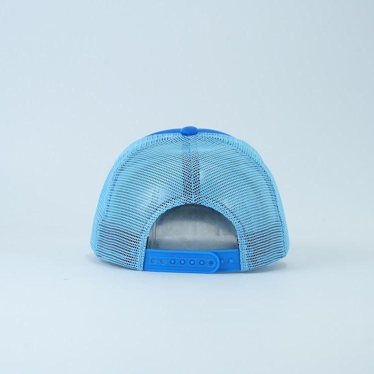 Blue Foam Trucker Hat with Printed Slogan Logo and Mesh Back Panels