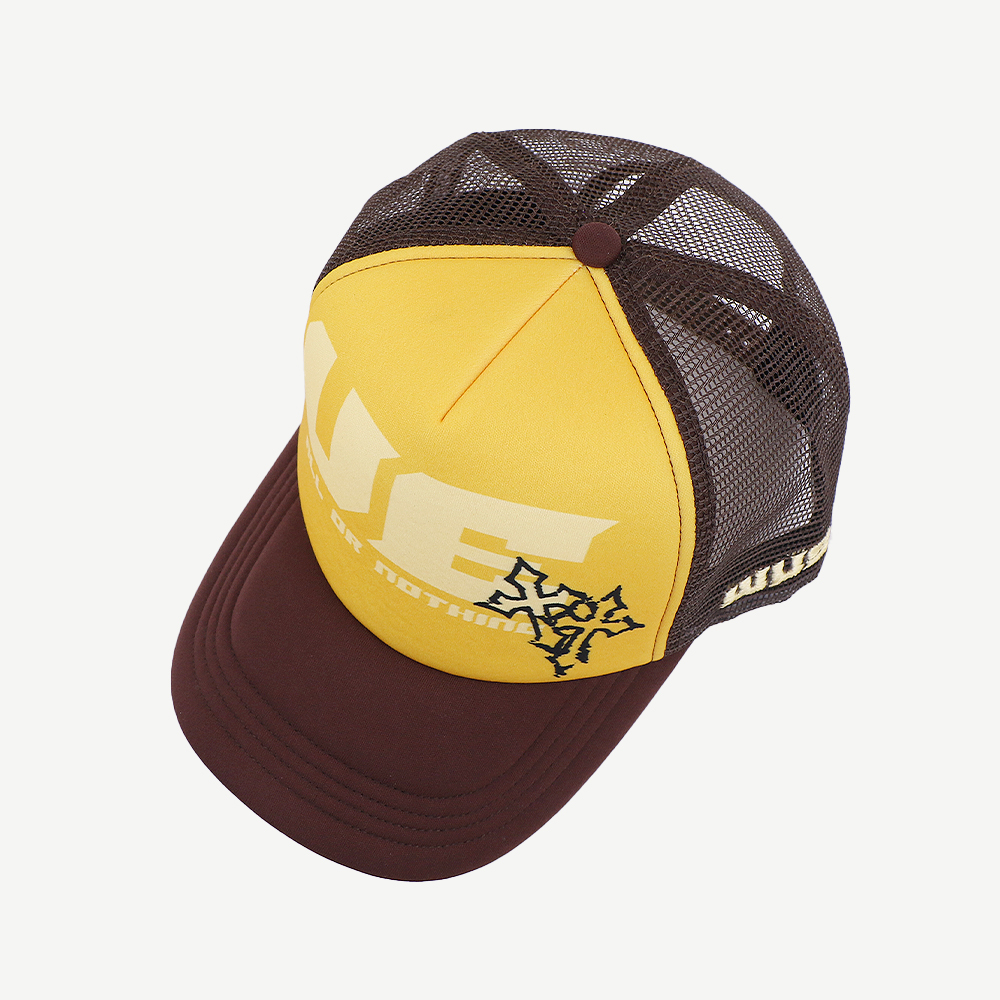 Yellow Brown All Or Nothing Foam Mesh Trucker Hat Printed Curved Brim Cap