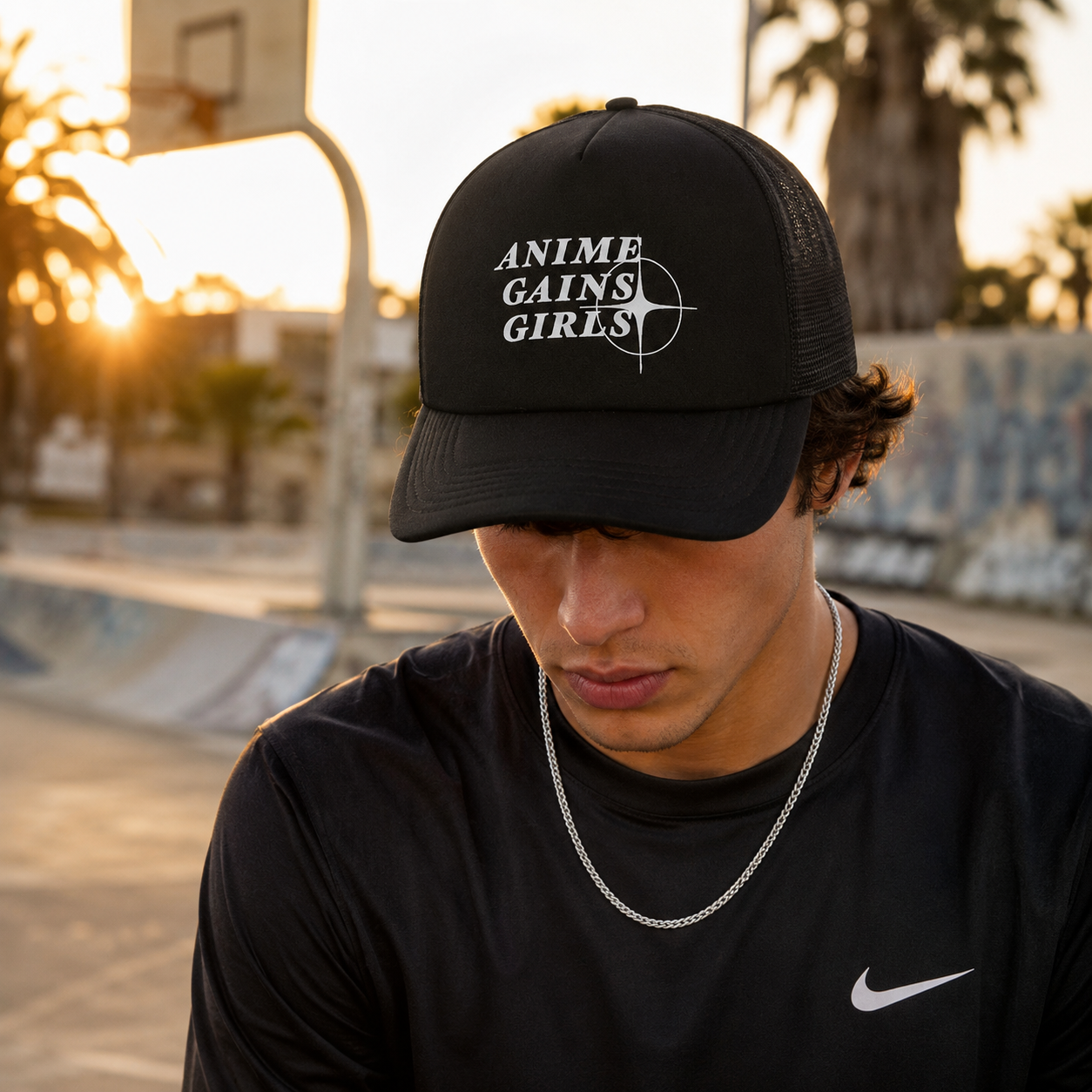 Black Anime Text Printed Foam Mesh Trucker Hat