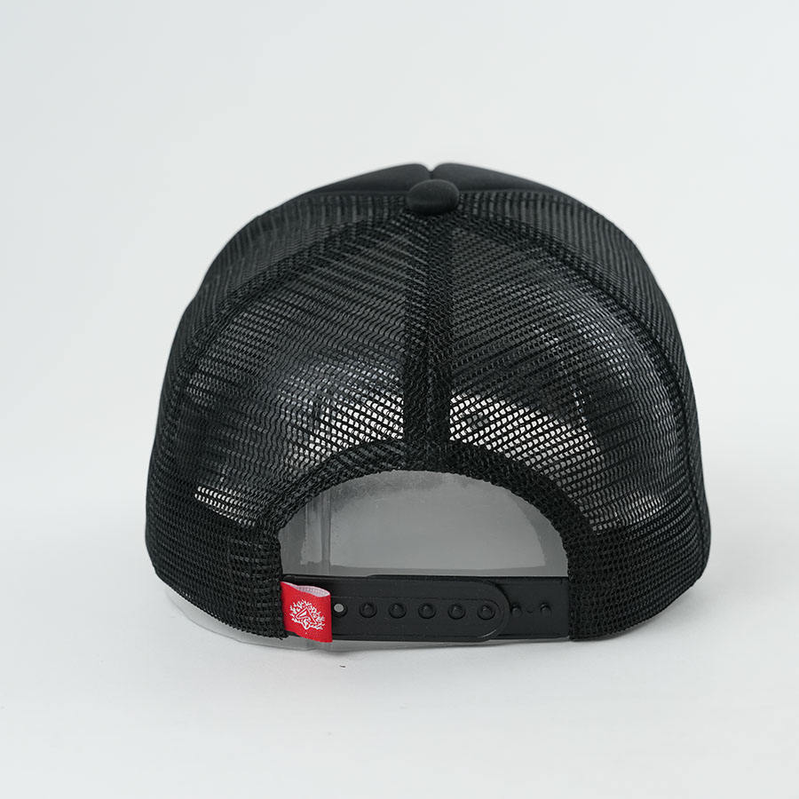 Black Foam Front Mesh Back Trucker Cap with Bold Printed Letter Design