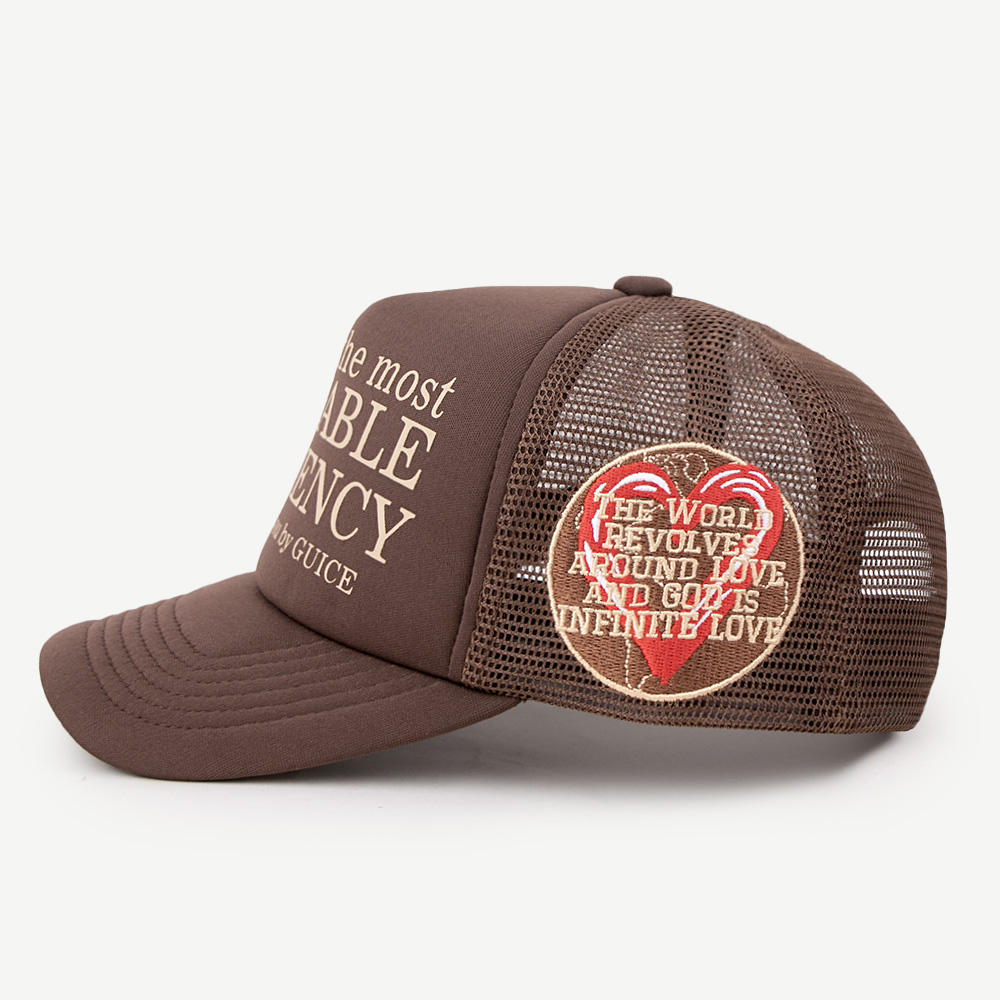 Brown Slogan Print Mesh Trucker Cap Curved Brim Snapback Hat