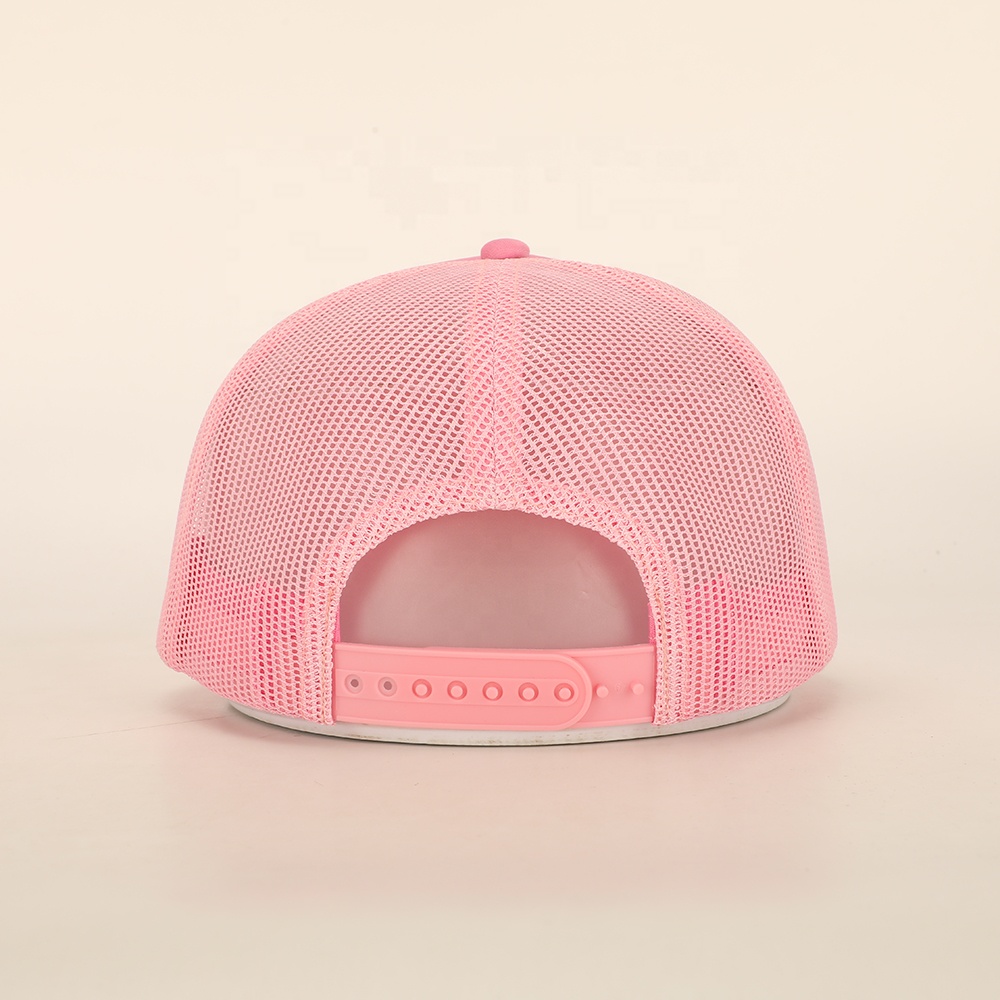 Pink 5 Panel Foam Trucker Hat with Printed Logo Mesh Back Adjustable Casual Cap