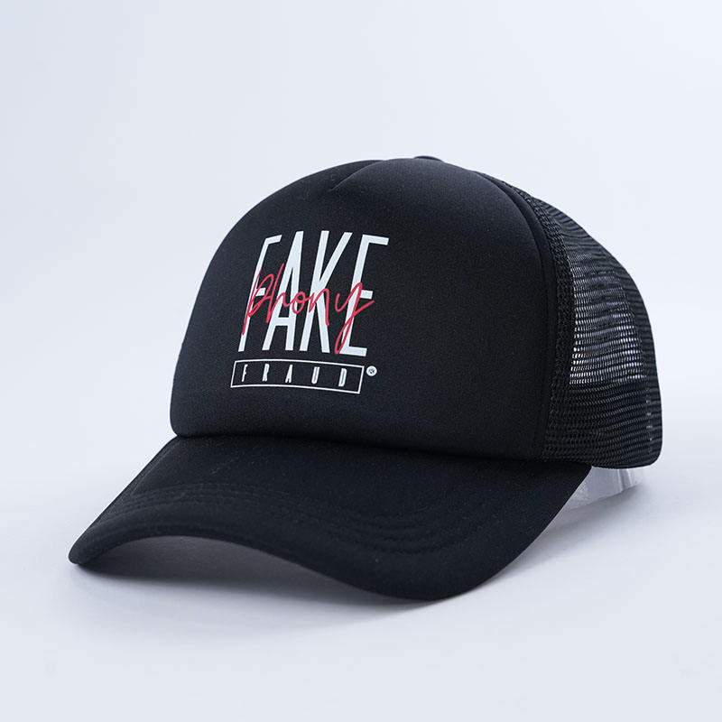 Printed Foam Mesh Trucker Cap in Black and White