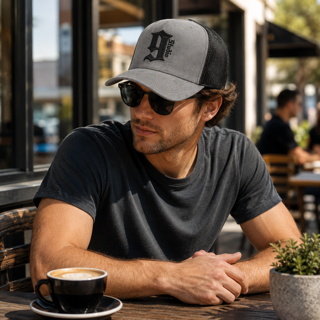 Gray Suede Mesh Trucker Cap with Black Gothic Letter Embroidery