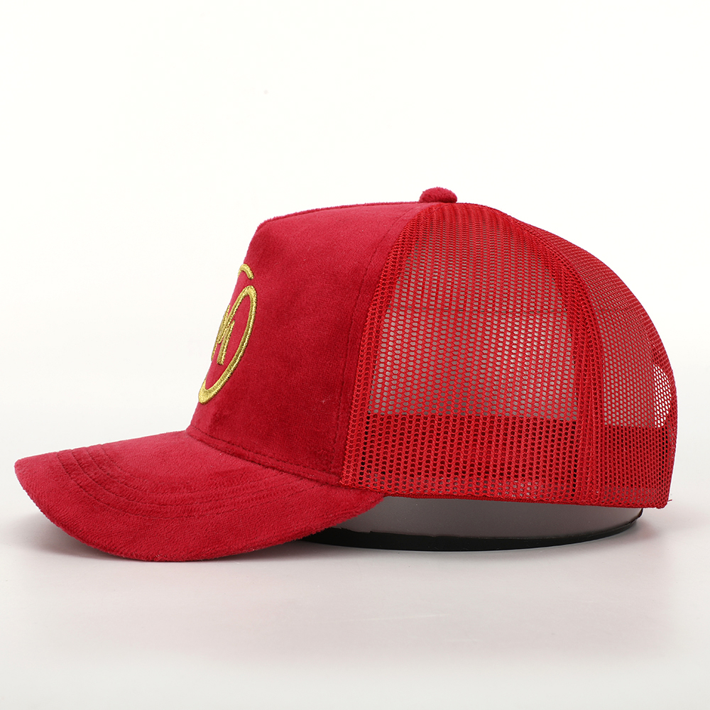 Red Suede Mesh Trucker Cap with Gold Embroidered Logo