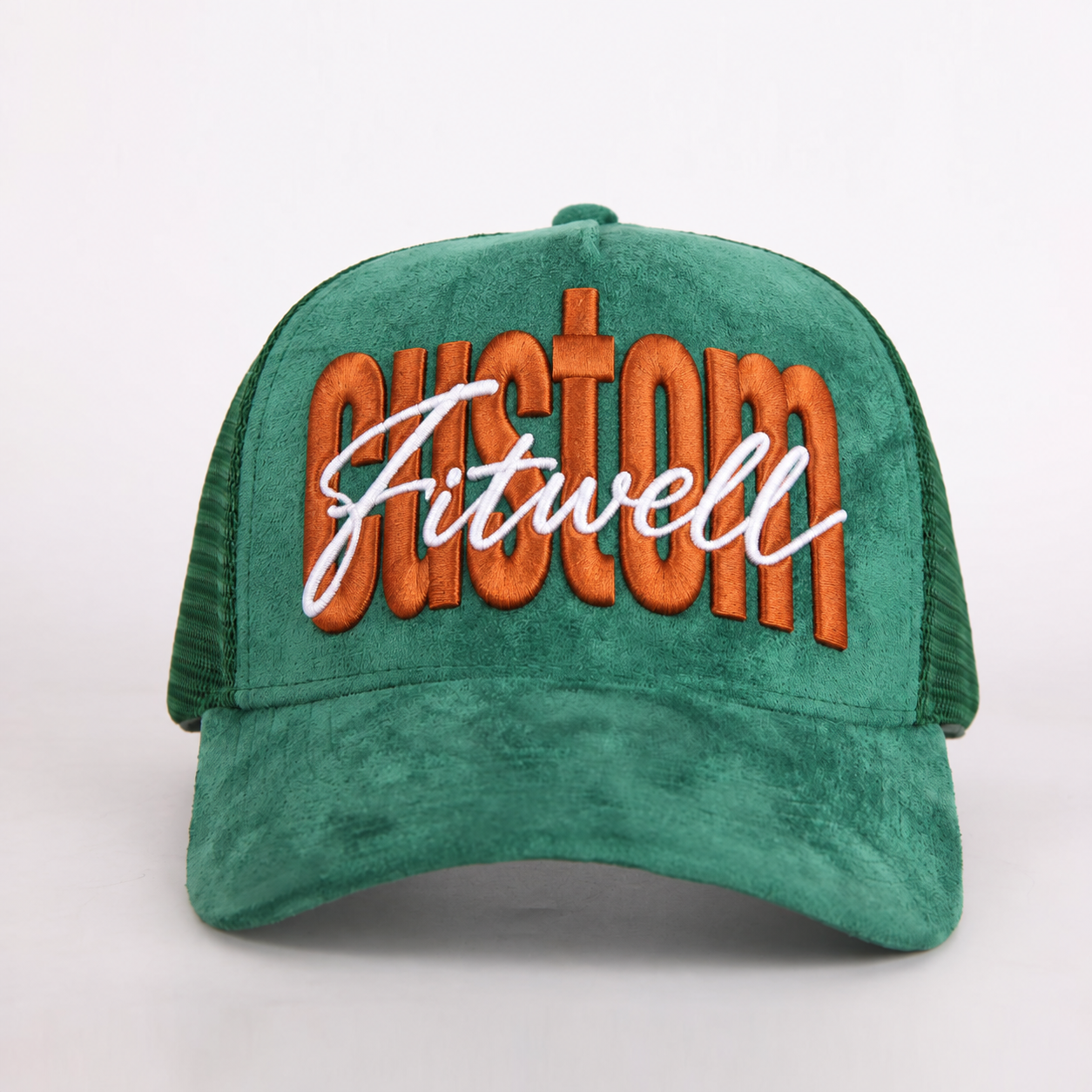 Green and Black Suede Mesh Trucker Hat with Raised Embroidered Logo