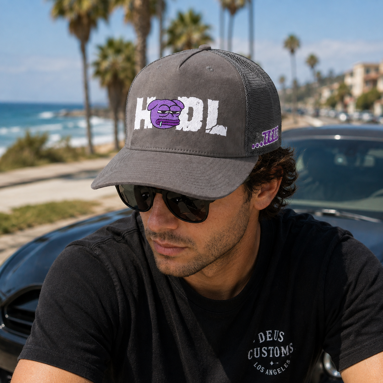 Gray HODL Cartoon Embroidered Suede Mesh Trucker Cap