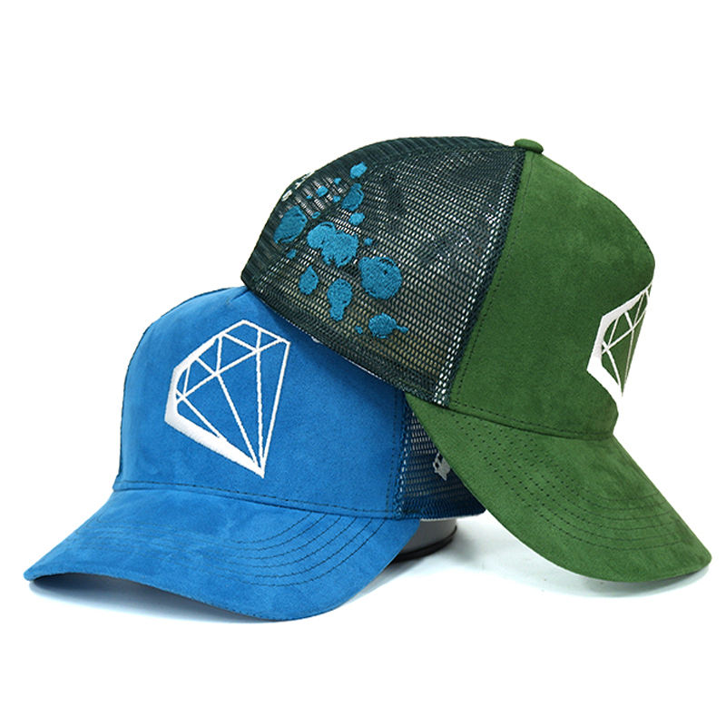 Two-Tone Suede Trucker Hat with Diamond Logo Embroidery