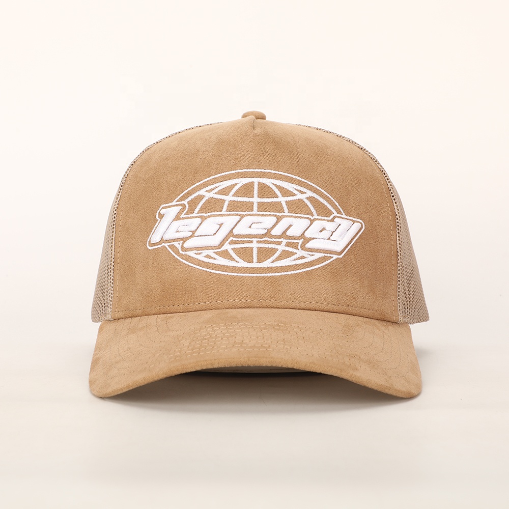 Vintage Khaki Suede Mesh Trucker Cap with White Embroidered Logo and Adjustable Snapback Closure
