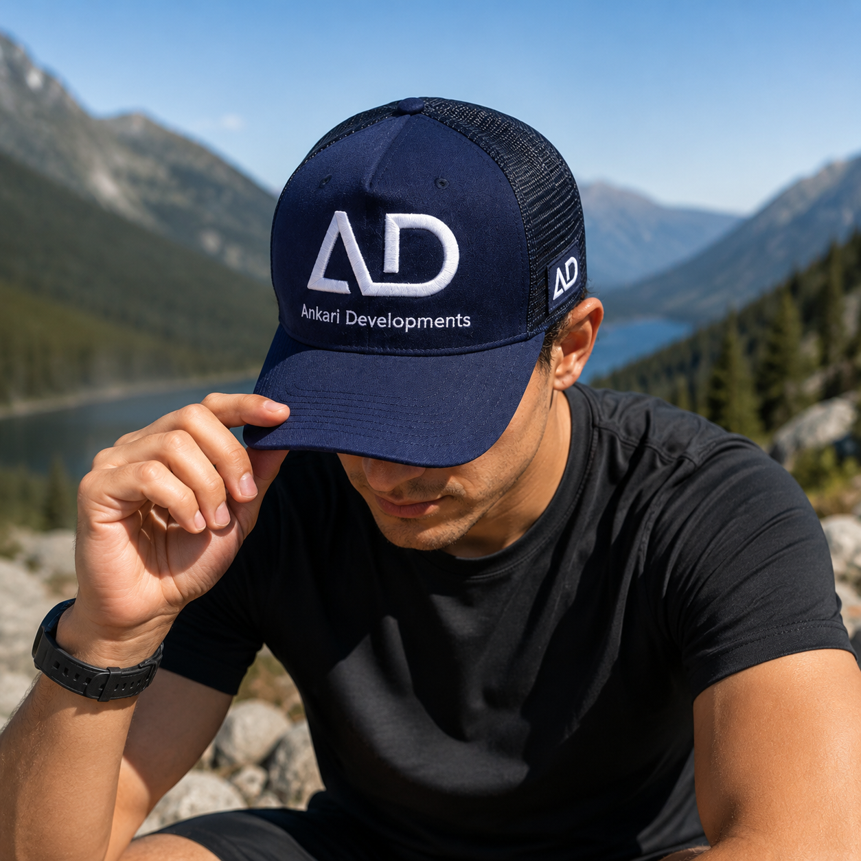 Navy Suede Mesh Embroidered Trucker Hat