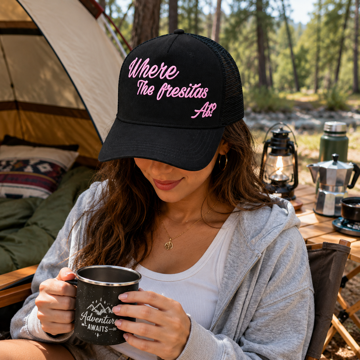 Black Suede Mesh Trucker Cap with Pink Script Embroidery