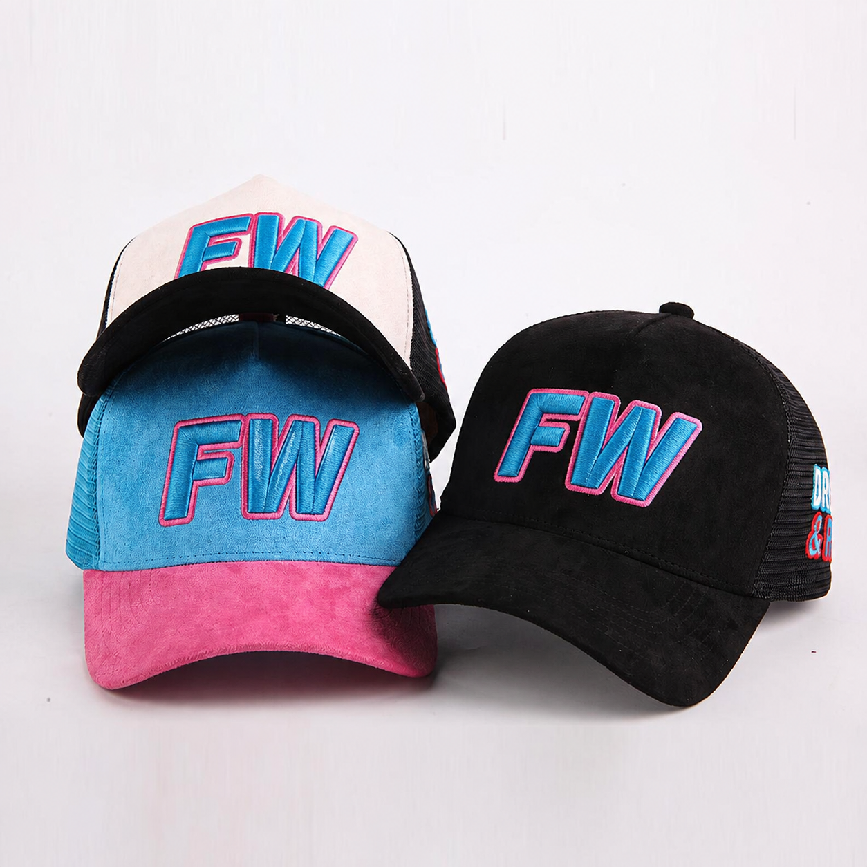 Two-Tone Suede Five-Panel Mesh Trucker Cap with 3D D&R Embroidery and Curved Brim