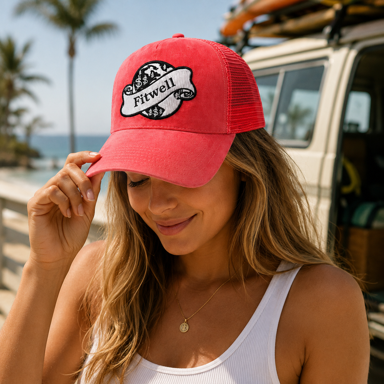 Pink Suede Mesh Trucker Cap with Embroidered “The Bag Is Yours” Patch