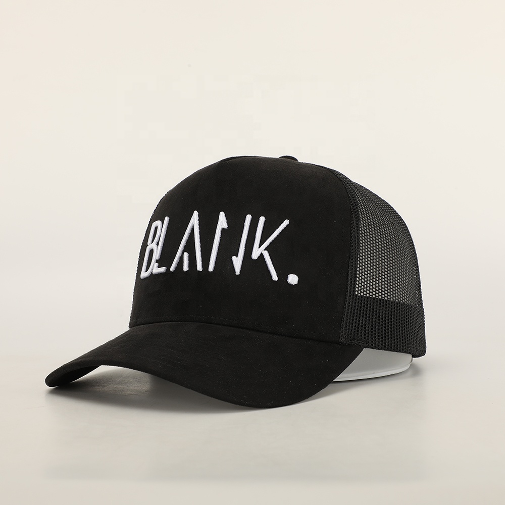 Black Suede Mesh Trucker Cap with White Letter Embroidery