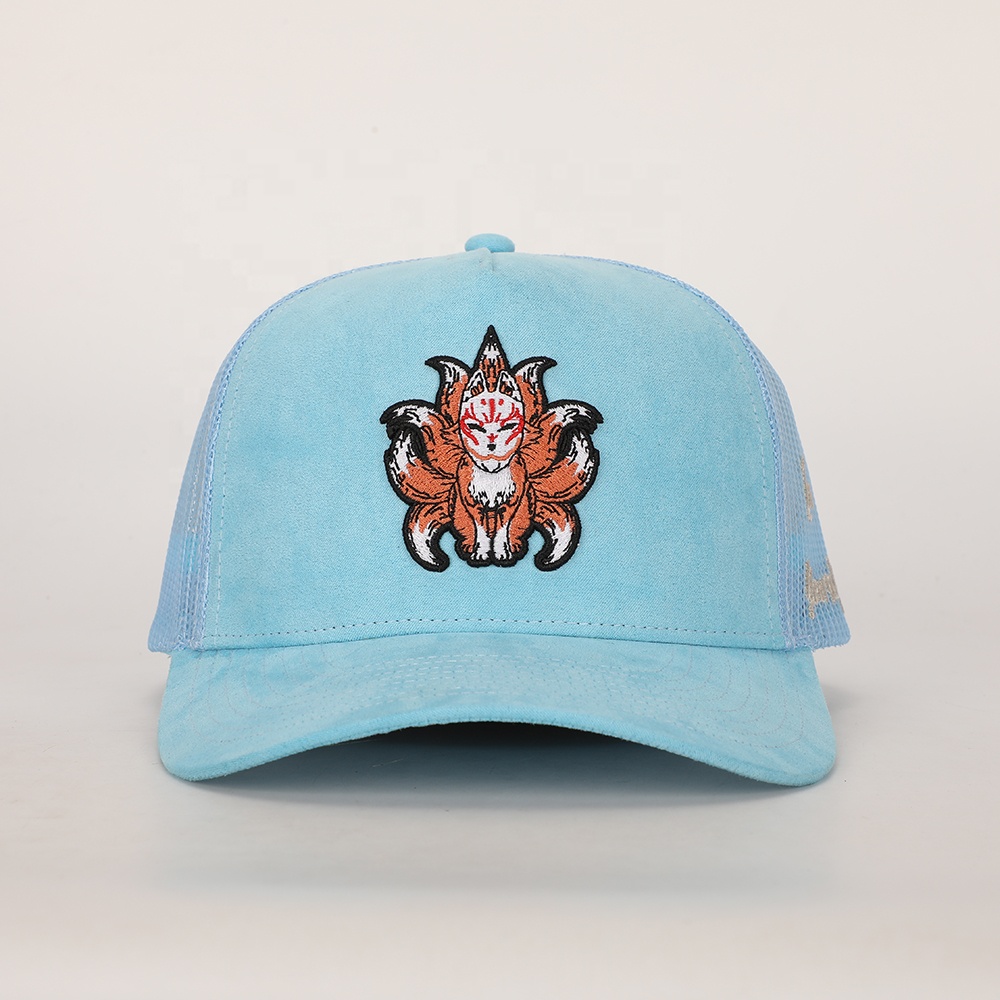 Blue 5 Panel Suede Trucker Hat with Embroidered Animal Logo Mesh Back Casual Cap