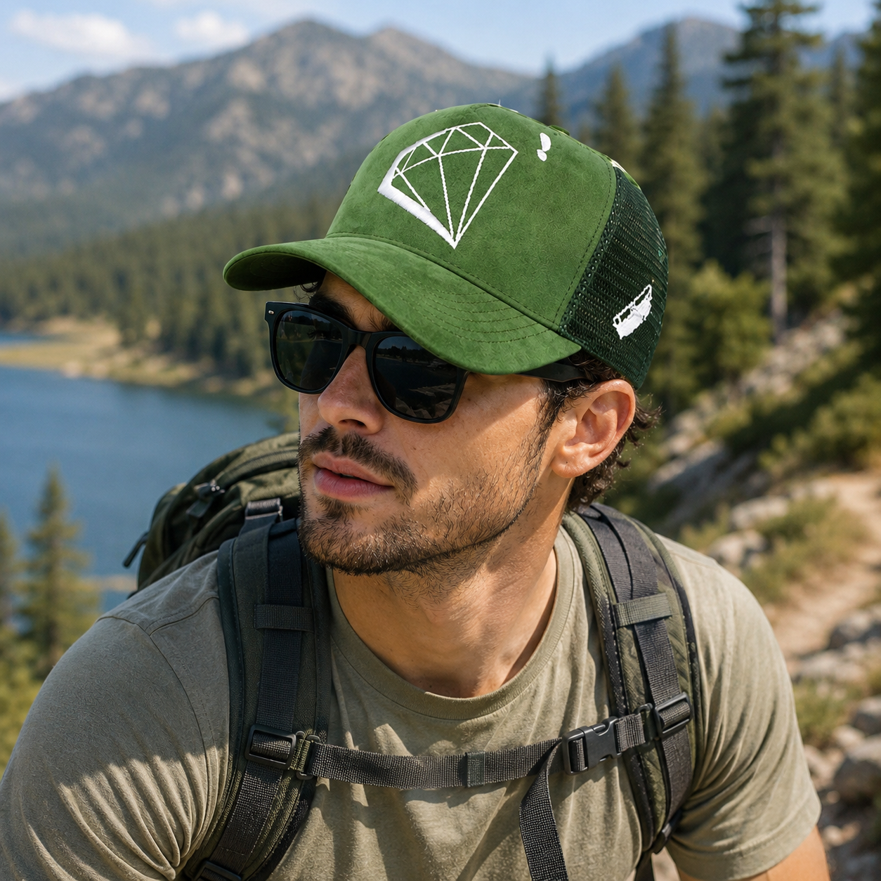 Two-Tone Suede Trucker Hat with Diamond Logo Embroidery