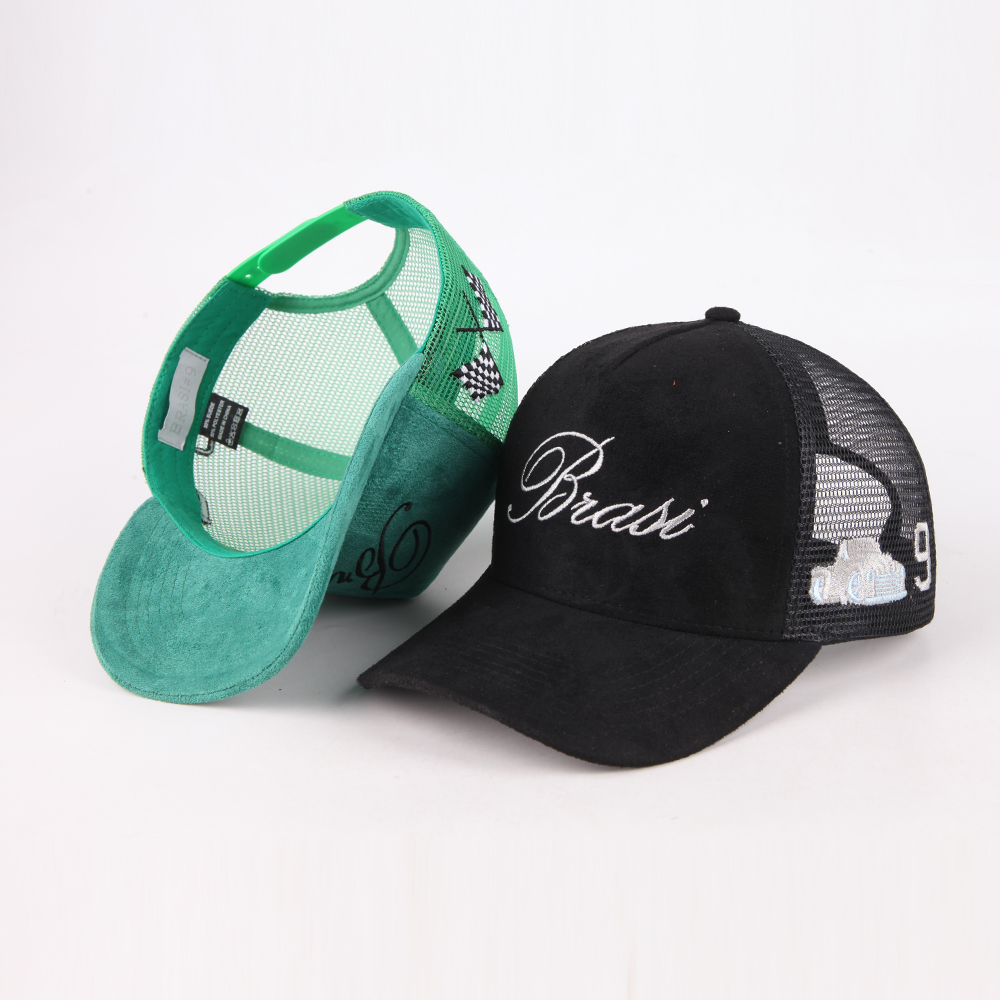 Vintage Mesh Trucker Hat with Suede Front Panel and Embroidered Script Logo