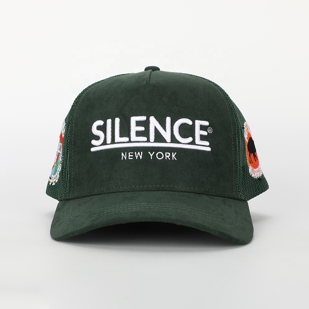 Dark Green Suede Mesh Trucker Cap with White Raised Embroidery