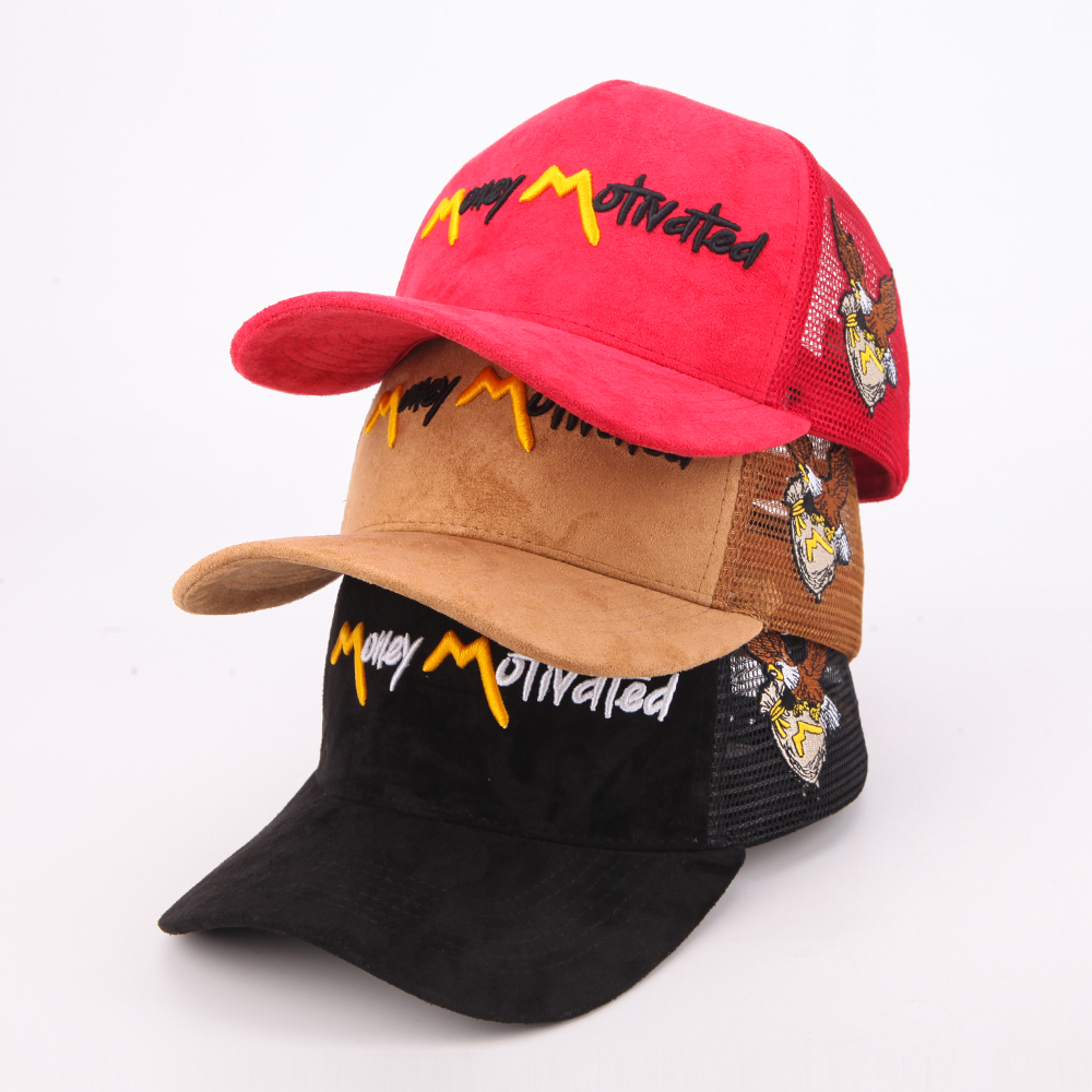 Vintage Red Brown Black Suede Mesh Trucker Hat with Embroidered Graphic Logo Streetwear Cap