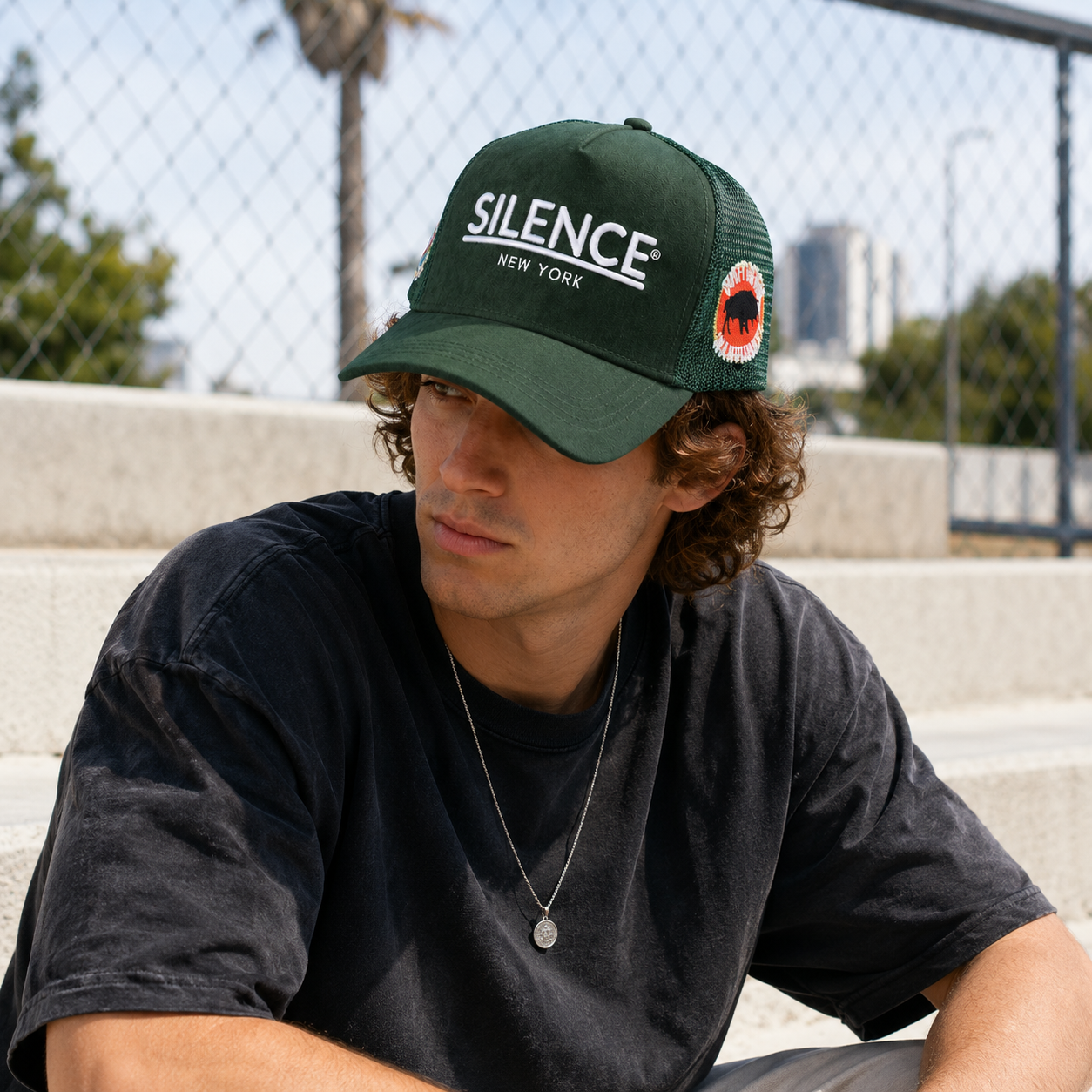 Dark Green Suede Mesh Trucker Cap with White Raised Embroidery
