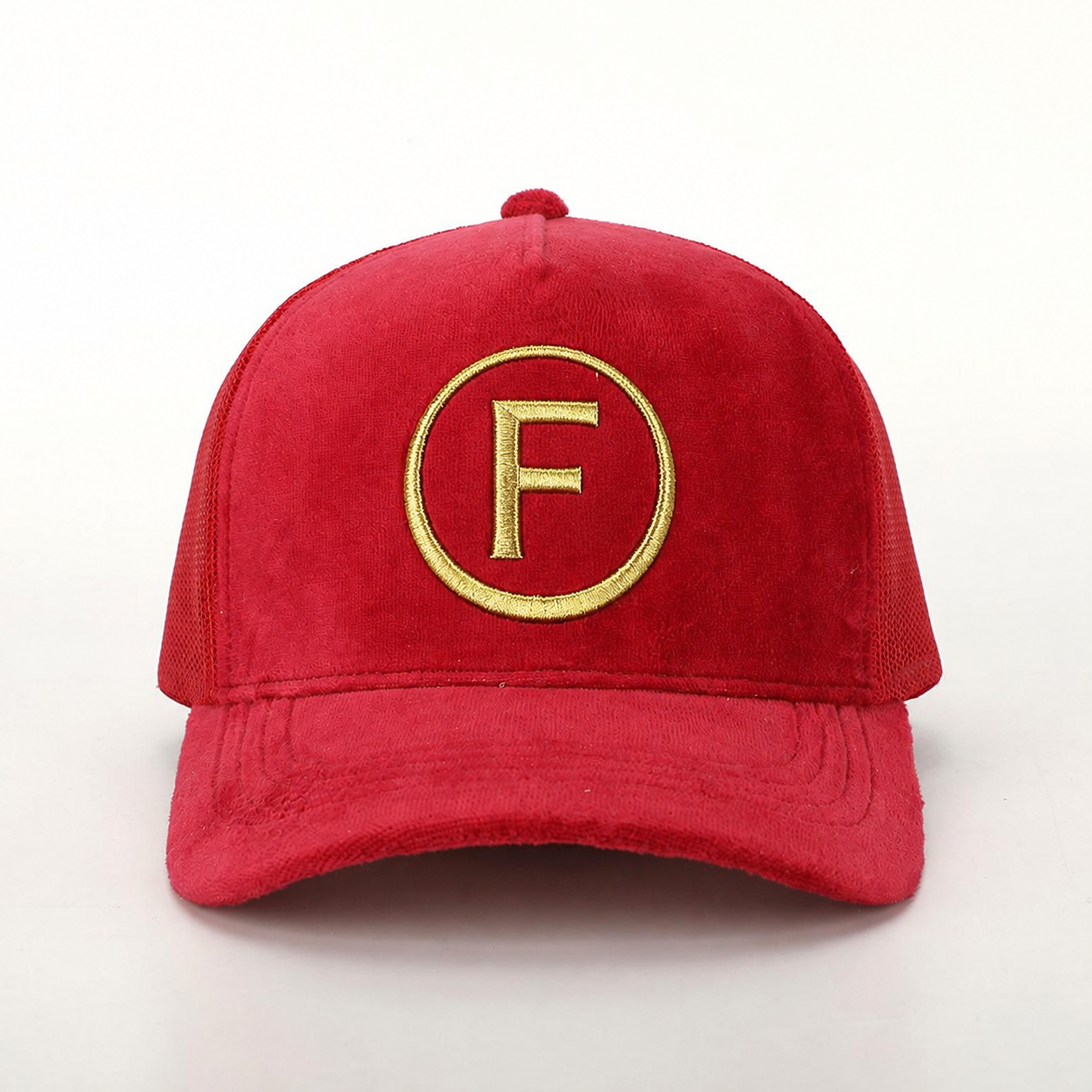 Red Suede Mesh Trucker Cap with Gold Embroidered Logo