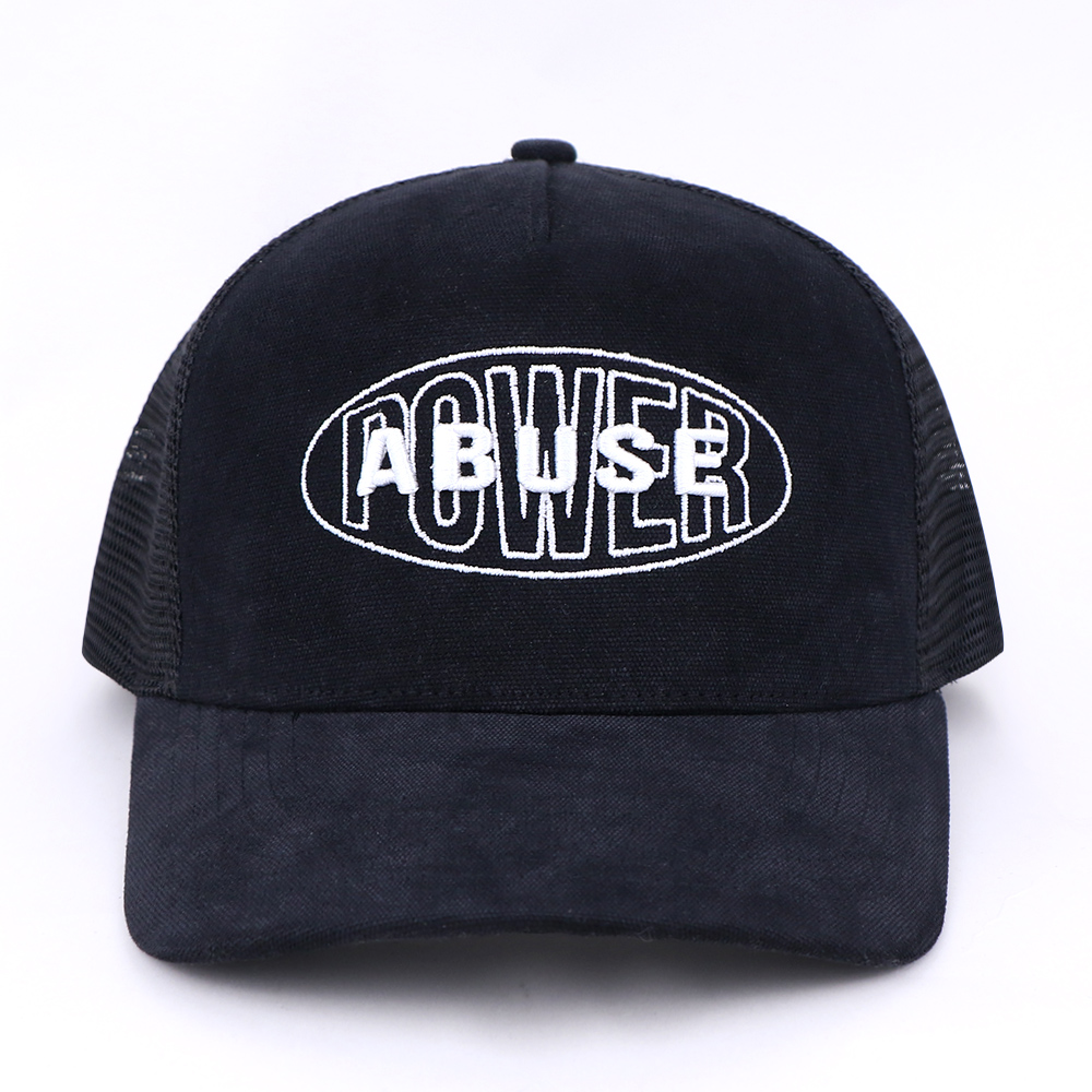 Black 5 Panel Mesh Trucker Hat with Embroidered Logo Adjustable Streetwear Cap