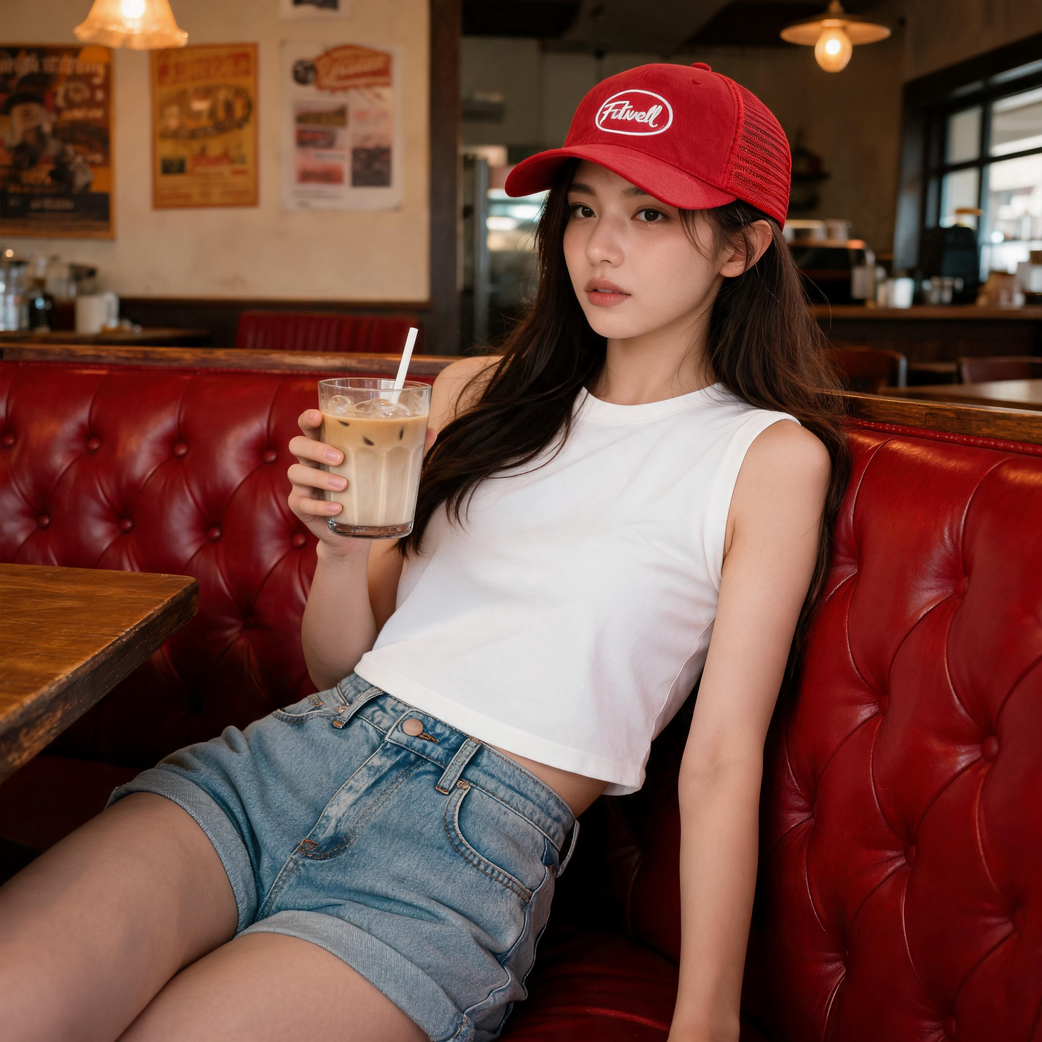 Red Suede Trucker Hat with White Embroidered Logo and Mesh Back Panel