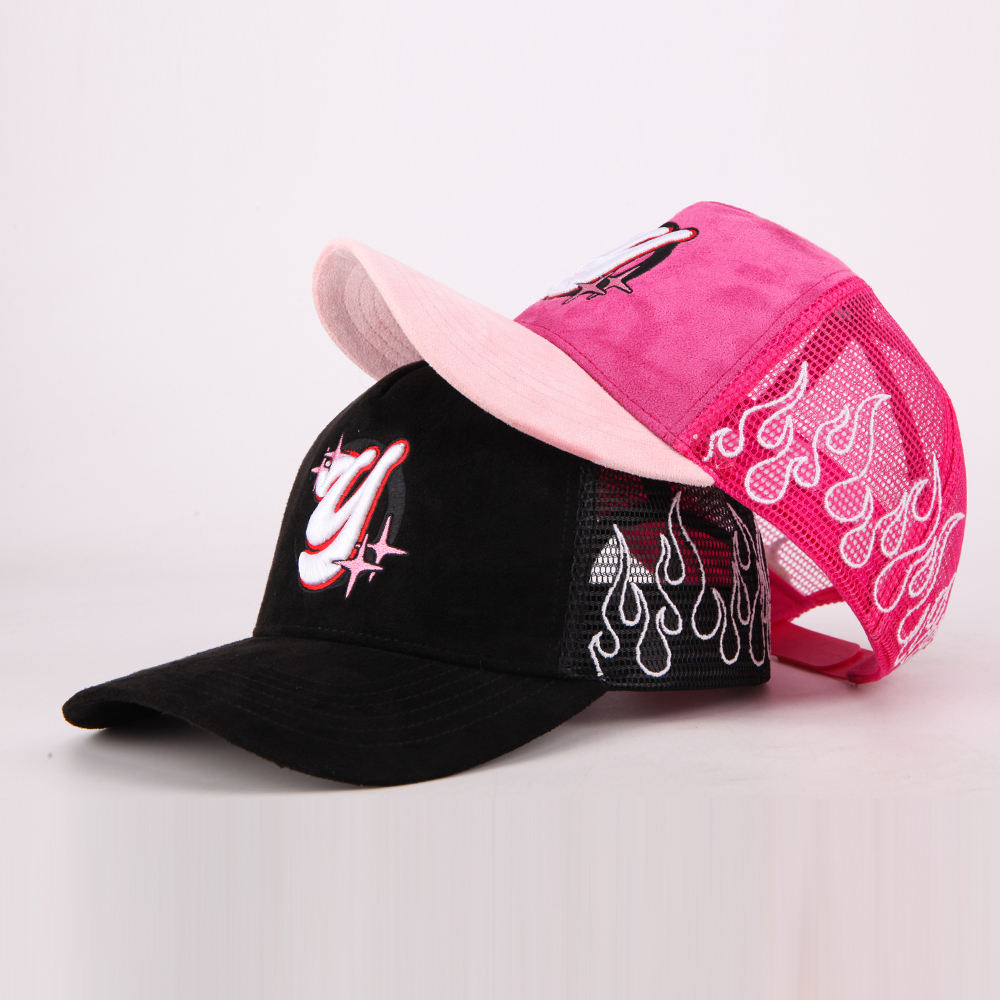 Vintage Suede Mesh Trucker Cap with Embroidered Graphic Logo and Adjustable Snapback