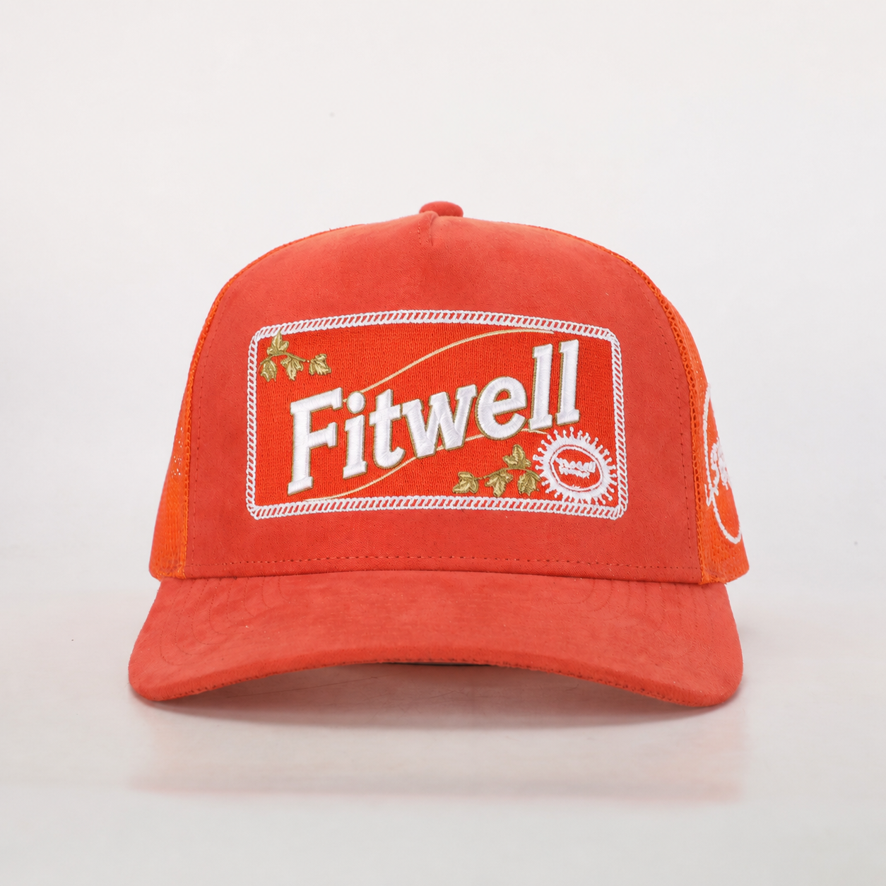 Orange Suede Mesh Trucker Hat with Embroidered Front Patch