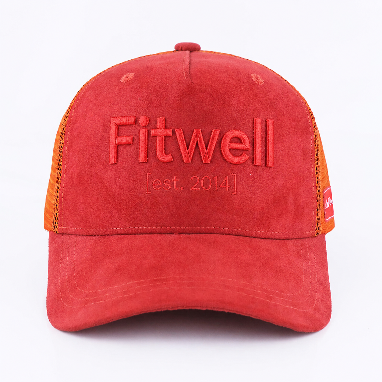 Red Orange RVRE Embroidered Suede Mesh Trucker Cap