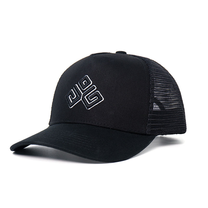 Black Cotton Mesh Trucker Cap with White Embroidered Geometric Logo
